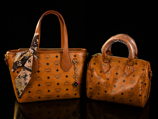 MCM Cognac Monogram Bag Bundle (Tote + Med Barrel)