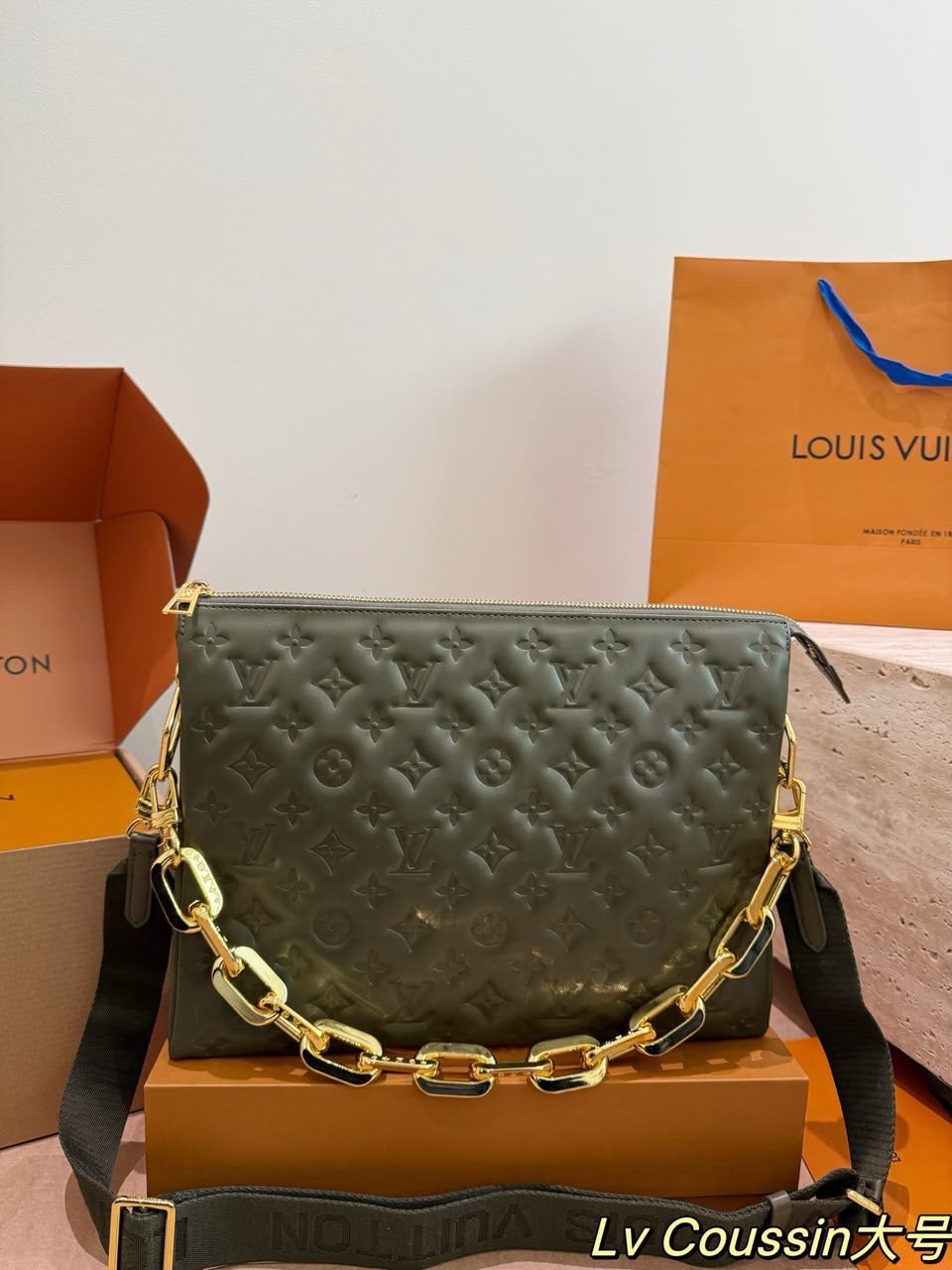 Olive Embossed Coussin Bag
