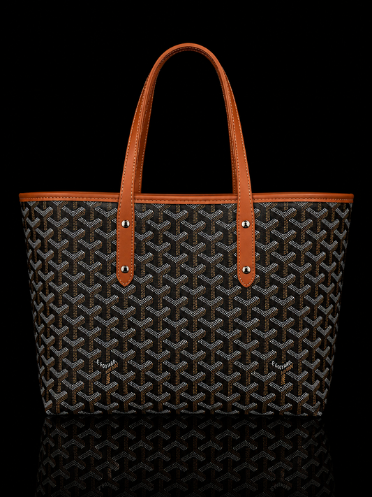 Geometric Print Coated Canvas Tote with Tan Leather Trim