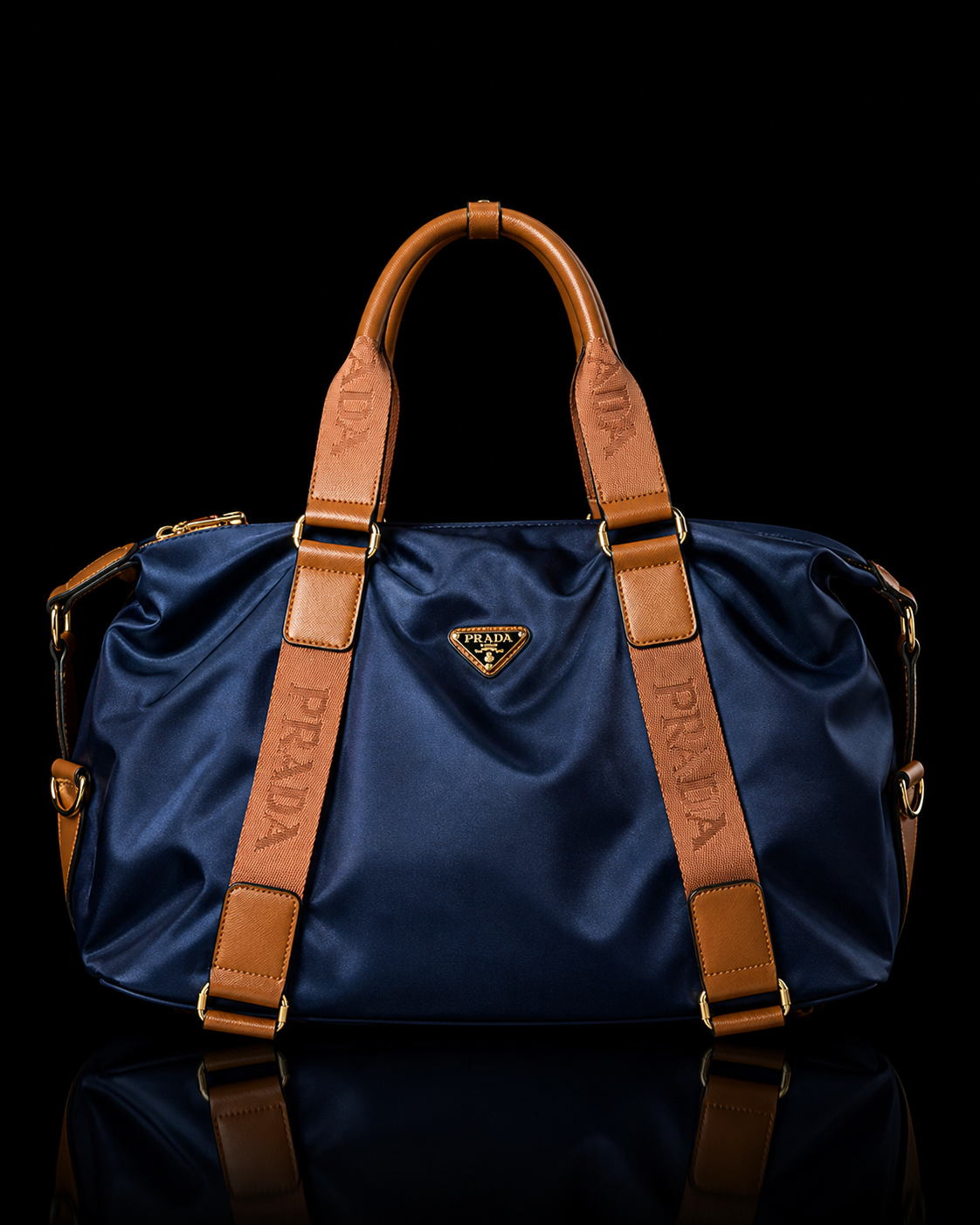 Navy Duffle Tote with Cognac Trim