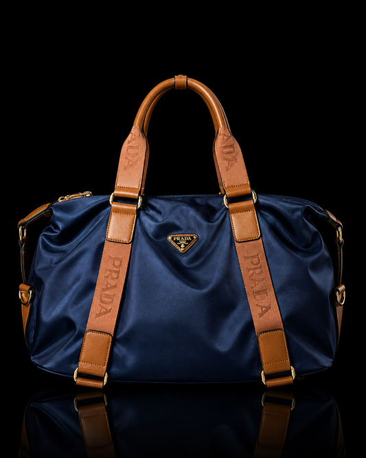Navy Duffle Tote with Cognac Trim